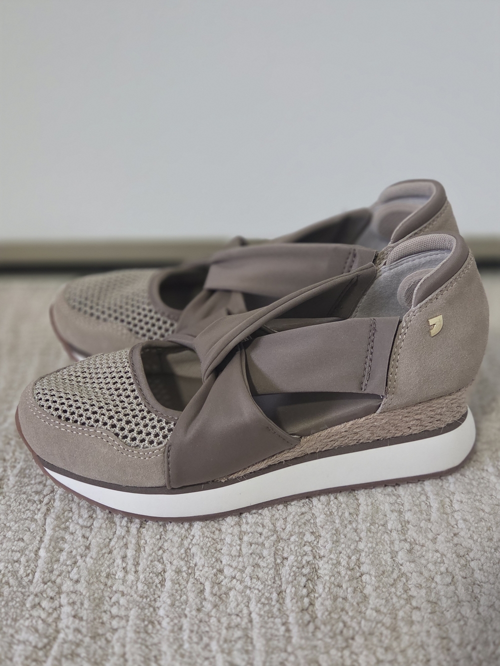 Women's Taupe Platform Wedge Sneakers with Crisscross Straps 6.5